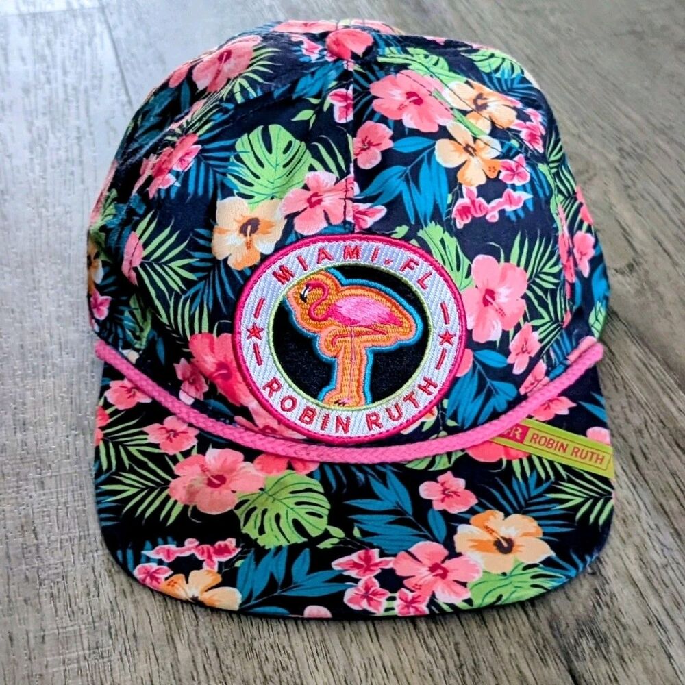 Robin Ruth Hat Miami FL Flamingo Floral Adjustable Snapback Cap Pink Blue